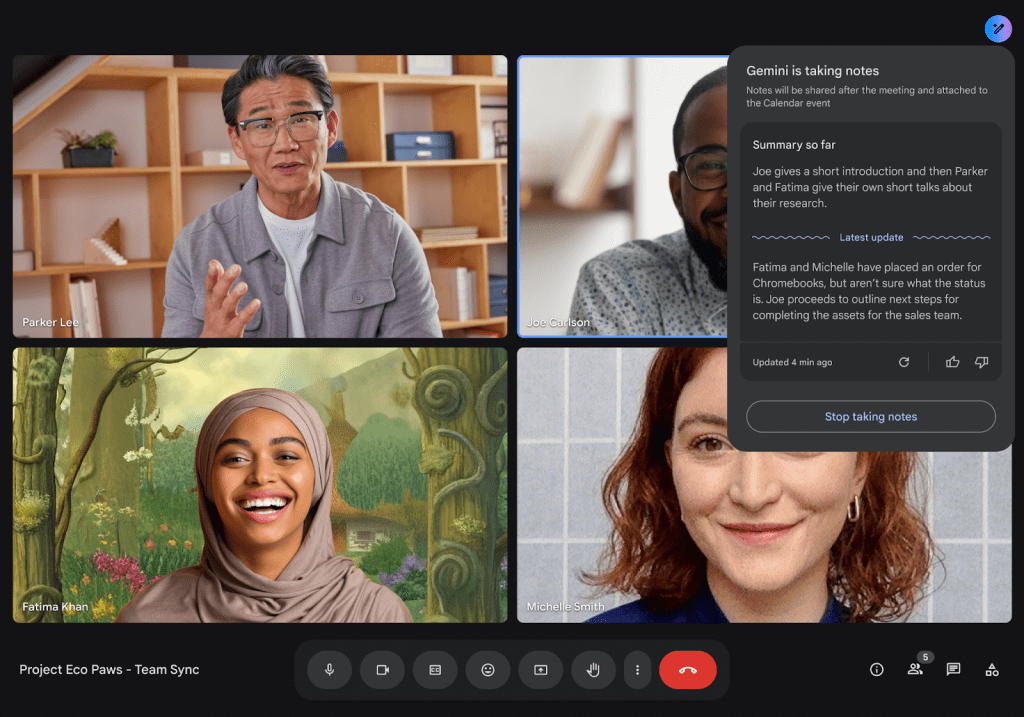 Gémeaux pour Google Workspace Take Notes for Me Fonction dans Google Meet