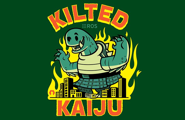 Logo kaiju kilted dans un fond vert.