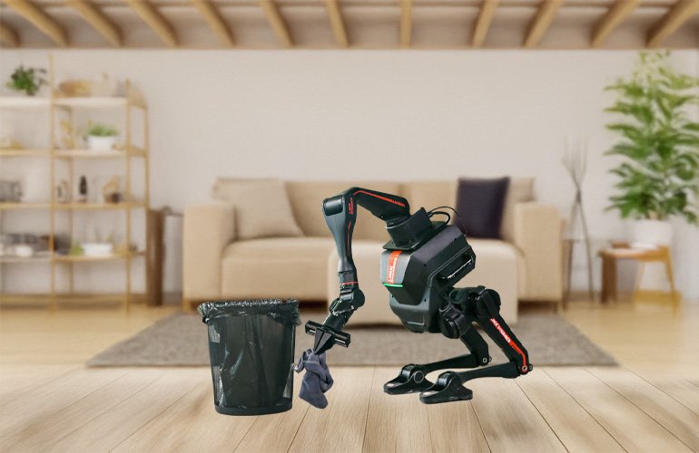 Robot Limx Tron1 au premier plan plant un élément du sol.