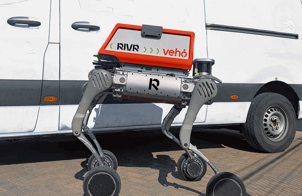 Un robot Rivr avec un conteneur de parcelles Veho attend à côté d'une camionnette de livraison.