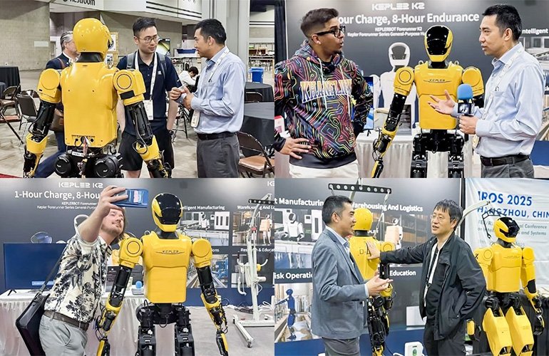 Collage de diverses personnes visitant le stand Kepler et prenant des selfies avec le robot K2 Bumblebee.