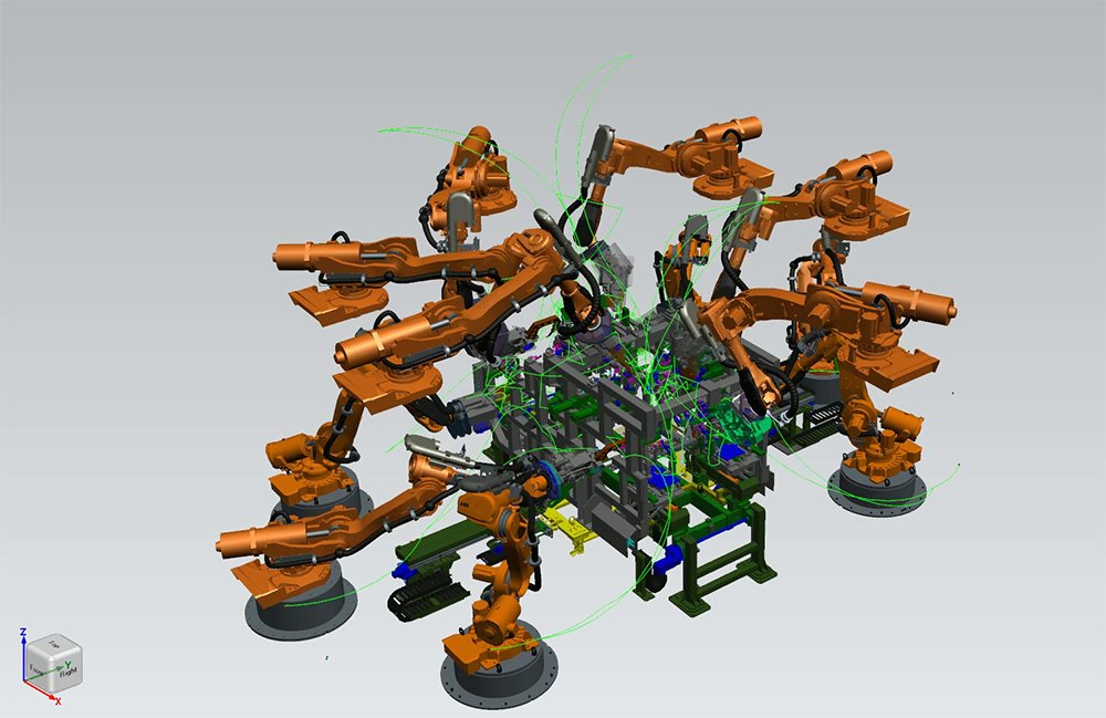 Une illustration des plans de chemin de plusieurs robots industriels utilisant le logiciel Resolver de Robotics en temps réel.
