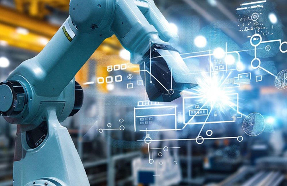 Un bras de robot dans un centre de fabrication avec des illustrations blanches sur le dessus.