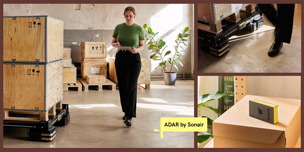 Trois images montrant une femme marchant devant un AMR sous différents angles comme exemple d'interaction humaine-robot.