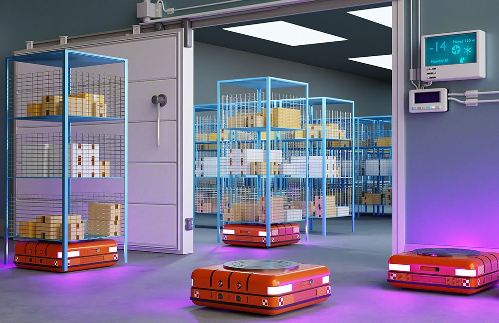 Robots mobiles soulevant des supports dans un entrepôt.
