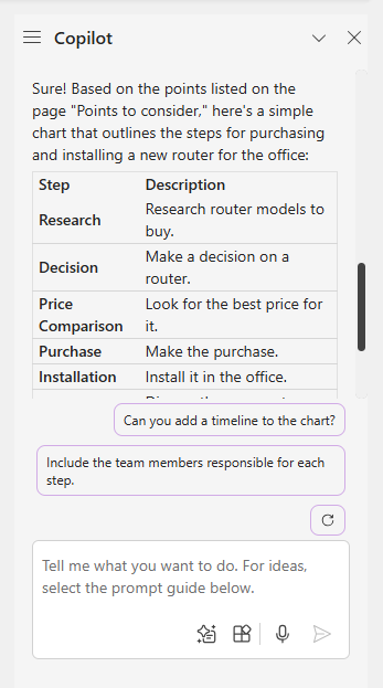 Copilot Sidebar in OneNote avec graphique généré