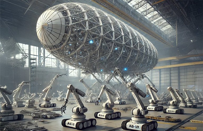 Une image générée par ordinateur de l'assemblage aérospatial futuriste avec robotique essaim.