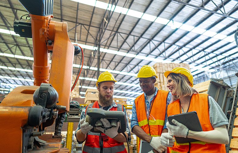 Les travailleurs d'usine regardent un robot. JP Morgan a publié une étude sur l'état financier des technologies appliquées dans l'industrie américaine.