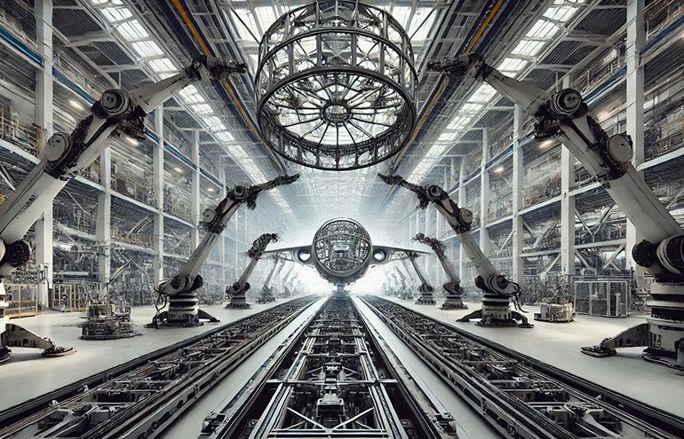 La robotique Swarm pourrait transformer la fabrication d'avions, comme le montre cette image en informatique d'une usine futuriste.