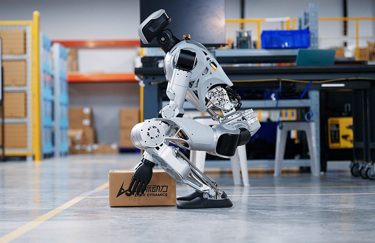 Limx Oli Humanoid Squats pour ramasser un objet sur le sol.