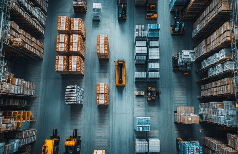 Une vue de haut en bas des robots dans une allée d'entrepôt. Découvrez les dernières technologies et pratiques commerciales de la semaine des entrepôts automatisés.